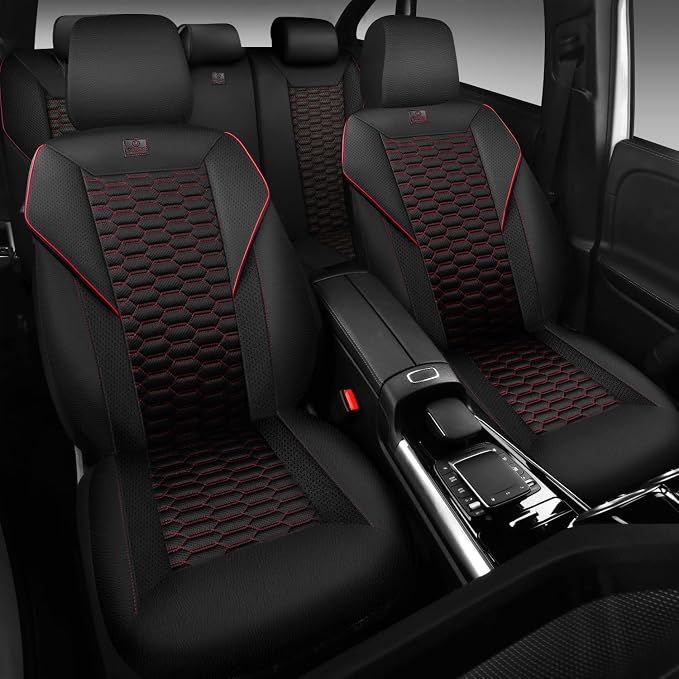 CAR PASS 3D Foam Mesh Leather Car Seat Covers Full Set,Breathable Mesh Faux Leather Seat Covers for Car,Universal Fit for SUV Truck Sedan Automotive, Armrest Airbag Compatible,Black and Red
