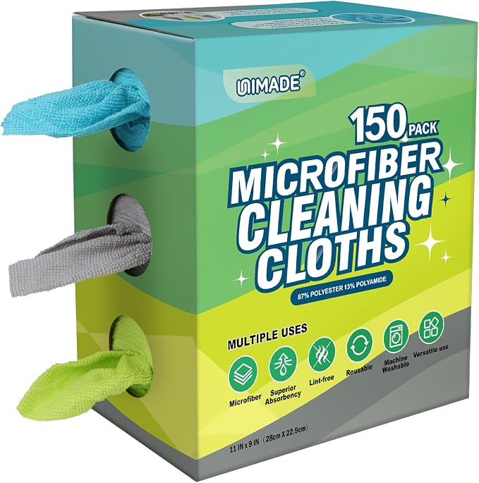UNIMADE Microfiber Cleaning Cloth, 150 Pack Reusable Paper Towels Microfiber Towels for Cars Lint Free Washable Tissues Shop Rags with Dispenser Box for Home Kitchen Automotive, 11"x 9", Multicolor