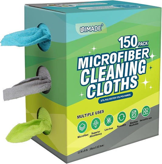 UNIMADE Microfiber Cleaning Cloth, 150 Pack Reusable Paper Towels Microfiber Towels for Cars Lint Free Washable Tissues Shop Rags with Dispenser Box for Home Kitchen Automotive, 11"x 9", Multicolor