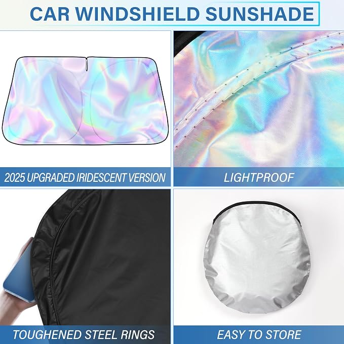 Iridescent Sun Shade for Car Windshield, Foldable Universal Car Windshield Upgrade Sunshade Enhanced UV Rays Reflective Sun Visor Shade Keeps Vehicle Cool
