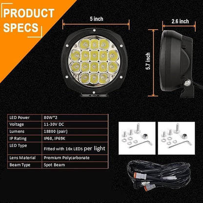 BIGLION.X 5Inch 160W Round Led Driving Lights Off Road Spot Lights Offroad Driving Light Bar 18800LM with Wiring Harness Waterproof IP69K 12V 24V for Pickup Trucks ATV UTV SUV