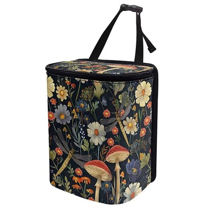 Talayituse Mushroom Dragonfly Daisy Print Car Trash Can with Lid, Leak Proof Auto Trash Bag Hanging Vehicle Garbage Can Multipurpose Storage Container for Back Seat Road Trip