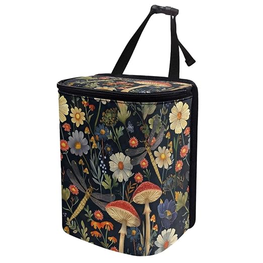 Talayituse Mushroom Dragonfly Daisy Print Car Trash Can with Lid, Leak Proof Auto Trash Bag Hanging Vehicle Garbage Can Multipurpose Storage Container for Back Seat Road Trip