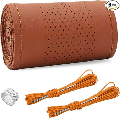 Ziciner Genuine Leather Steering Wheel Cover, Stitch on Wrap, Breathable Anti-Slip Car Steering Wheel Protector for Max Diameter 15 Inch, DIY Sewing with Needles Thread (Brown, Middle Hole)