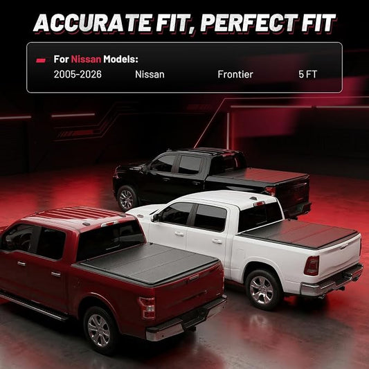 BDFHYK Tri-Fold Truck Bed Tonneau Cover for Nissan Frontier 2005–2026 5ft Bed Heavy-Duty Truck Bed Protection Durable Aluminum Panels Hard Folding Tonneau Cover, Waterproof for Truck Camping