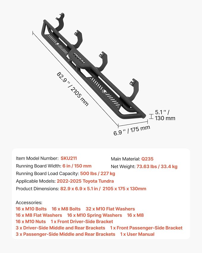 VEVOR Running Boards, 6 Inches Side Steps Compatible with 2009-2018 Dodge Ram 1500 Crew Cab, 2010-2025 2500 3500 Crew Cab (Not Fit 2019-2025 Ram 1500 New Body), Non-Slip Black Carbon Steel Nerf Bars