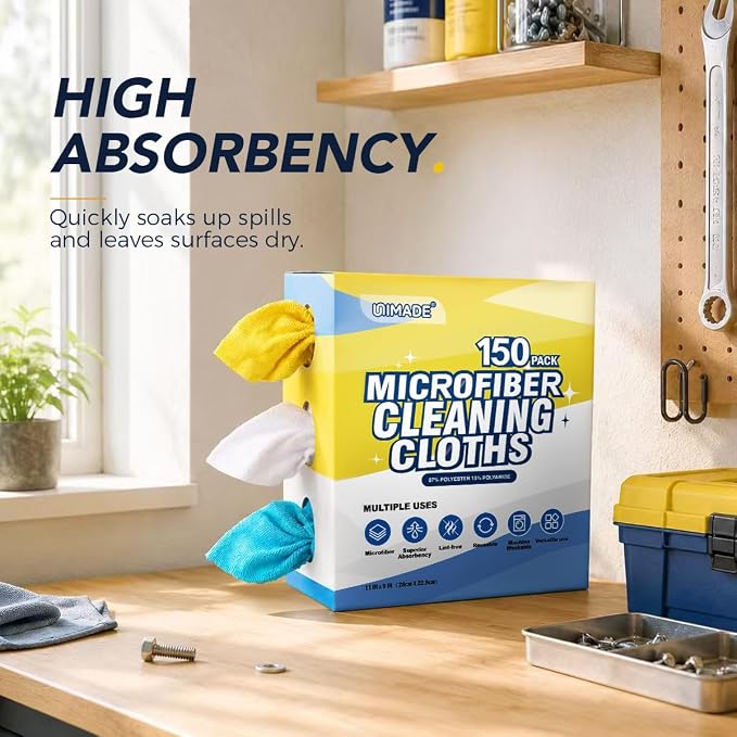 UNIMADE Microfiber Cleaning Cloth, 150 Pack Reusable Paper Towels Microfiber Towels for Cars Lint Free Shop Rags with Box for Home Kitchen Automotive, 11"x 9", Blue & Yellow & White