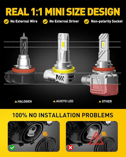 AUXITO 9005/HB3 H11/H9/H8 Fog Light, 62000LM 900% Brighter H8 H9 HB3 Bulbs Combo 5 Mins Install, Plug-N-Play, IP68 Waterproof, Pack of 4