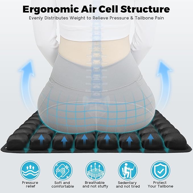 Inflatable Travel Seat Cushion, Airplane Seat Cushion for Long Flights & Car Rides, Portable Air Pad with Built-in Pump, Ergonomic Tailbone Buttocks Pain Relief for Office Chair, Wheelchair, Stadium