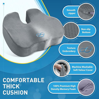 BlissTrends Seat Cushion,5.2in Thick Memory Foam Cushions for Office Chair, Car Seat, Airplane, Relieving Pressure Tailbone Sciatica Back Pain for Long Sitting Office Workers, Car Drivers LightGrey