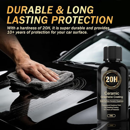 Ceramic Coating for Cars, 20H High-Grade Graphene Coating for Automobiles, Complete Detailing Kit, 10+ Years of Lasting Defense, Intense Glossy Look, Use After Washing & Polishing, 70ml