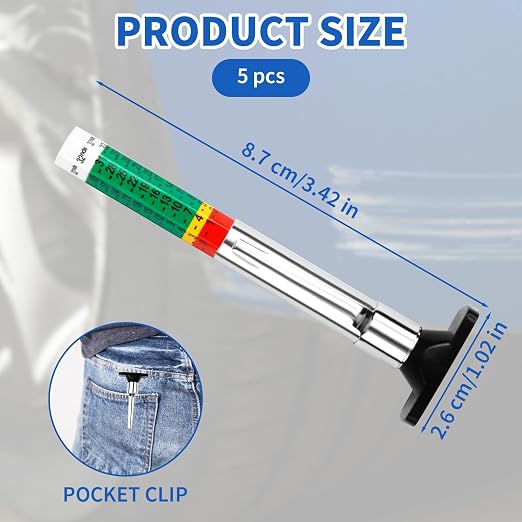 5 Pcs Tire Tread Depth Gauge in 1/32 Inch - Color Code Accurate Tread Depth Checker Measuring Tool with Pocket Clip for Car Trucks SUV Motorcycle Bike