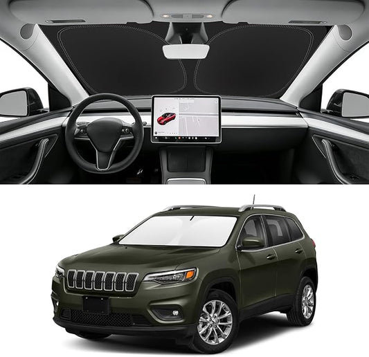 Custom Fit Windshield Sun Shade for Jeep Cherokee 2014-2023, Blocks UV & Heat, Front Window Sunshade Accessories, Easy Fold & Store Keep Your Car Cooler