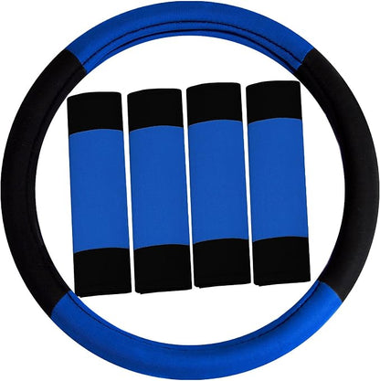 FH Group Car Seat Covers Combo Full Set with Carpet Floor mats Steering Wheel Cover and Seat Belt Pads- Universal Fit for Cars Trucks and SUVs (Blue)