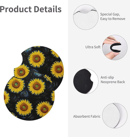 Sunflower Steering Wheel Cover Universal 14-15 Inch Breathable Anti Slip with 2 Pieces Car Coasters Sunflower Car Accessories Decor for Men Women