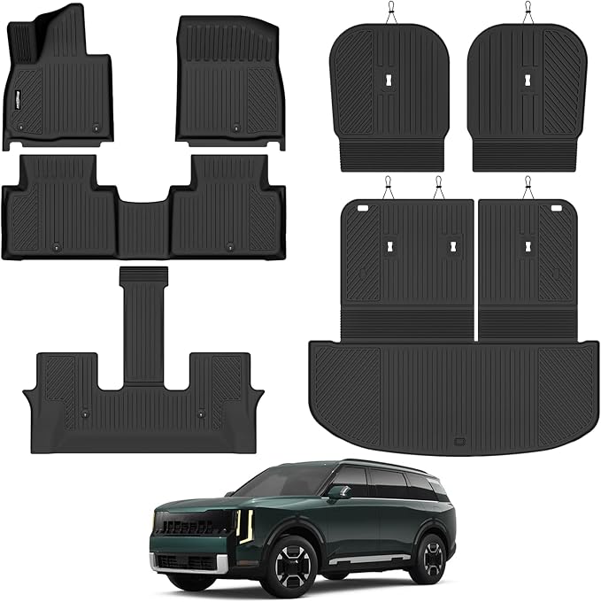 Floor Mats for 2027 Kia Telluride Gas Only 7 Seats/Captain Seat(Not for Hybrid), Trunk Mat with Backrest Mat and 2nd Row Backrest Mat All Weather TPE Protector for Kia Telluride Accessories