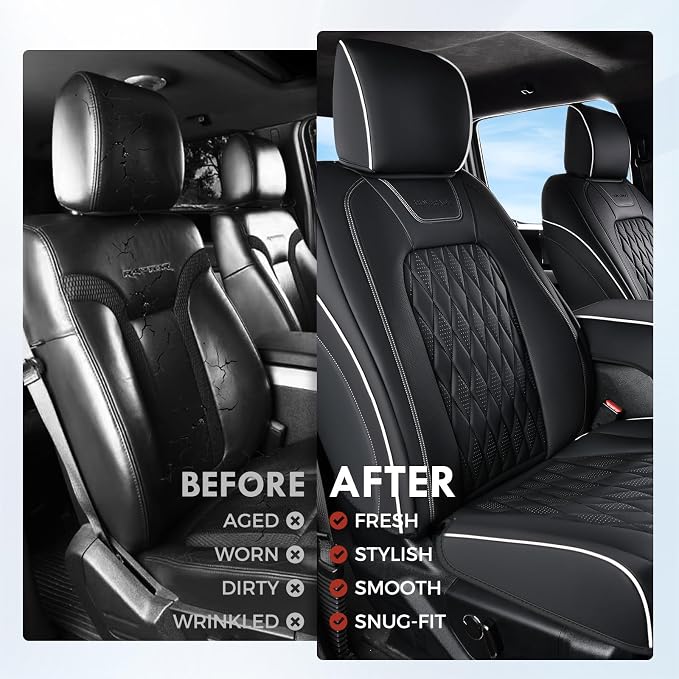 Coverado Premium Leather Front Seat Covers Waterproof Heavy-Duty Protectors Custom Fit for Ford F150 (2015-2026) F250/F350/F450 (2017-2026)-Black w/White Stitching, Wear-Resistant