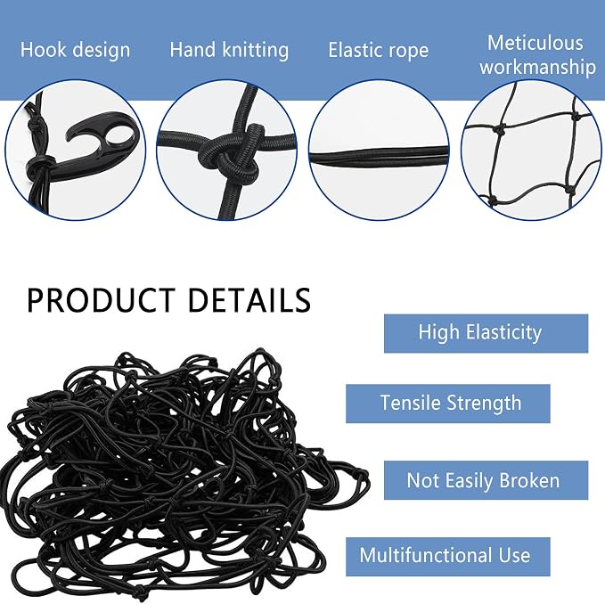 Car Cargo Net - 47 x 31.5 Large Capacity Elastic Truck Bed Cargo Net Roof Rack Net with 10 Adjustable Hooks - Universal Car Accessories Bungee Net Fits Car Truck Pickup SUVs