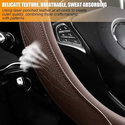 Zpana Car Steering Wheel Cover, 14.5-15" Breathable Soft Leather Vehicle Steering Wheel Protector with Anti-Slip Lining, Comfortable Auto Interior Decoration Accessories, Universal Fit (Coffee)