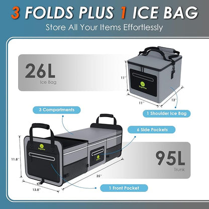 SugarFox 95L Car Trunk Organizer & Storage With 26L Ice Pack, Waterproof Foldable | Trunk Organizers for SUVs & Cars, Car Storage Organizer, Great Gift for Drivers (Gray-M004)