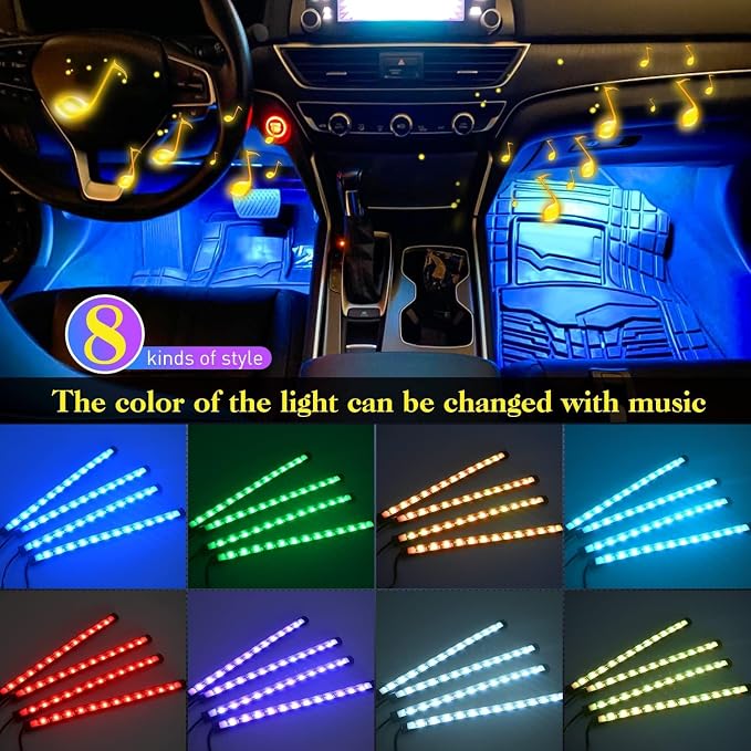 Car LED Strip Lights, 4Pcs 48 LED Interior Lights, Multicolor Music Car Strip Light Under Dash Lighting Kit with Sound Active Function and Remote Controller, DC 12V