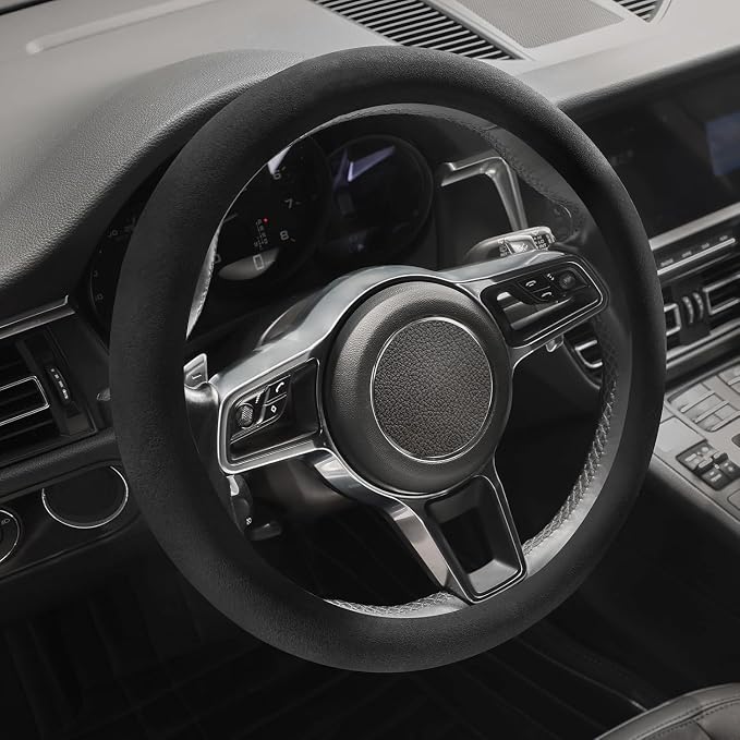 Suede Steering Wheel Cover with Upgraded Silicone Inner Ring, Anti Heat, Breathable, Anti-Slip, Leather Universal 14.5 to 15 inch Steering Wheel Cover (Pure Black)