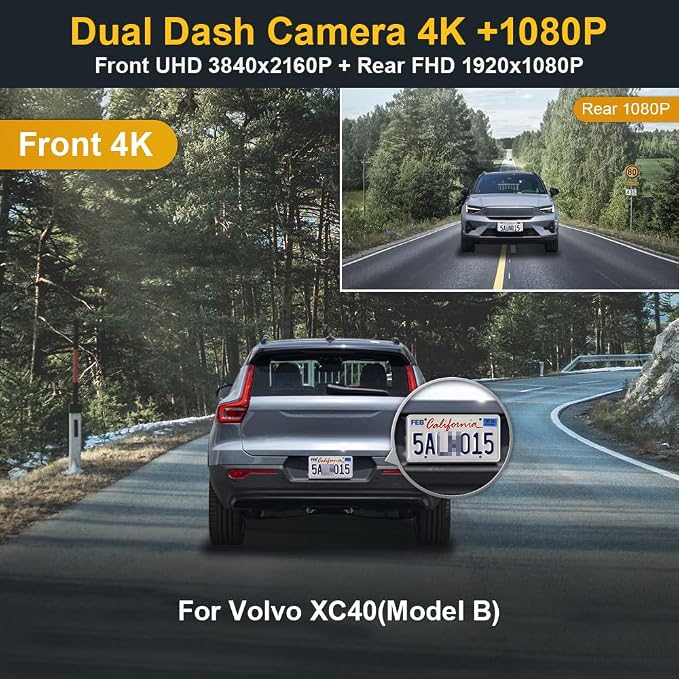 Fitcamx Front 4K+Rear 1080P Dash Cam Adapts for Volvo XC40 & XC40 Recharge B4 B5 T4 T5 P8 (Model B), OEM Look, Dual HD Video, Built-in WiFi & APP, Loop Recording, G-Sensor, Easy to Use, 128GB Card