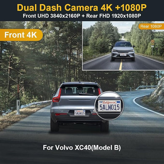 Fitcamx Front 4K+Rear 1080P Dash Cam Adapts for Volvo XC40 & XC40 Recharge B4 B5 T4 T5 P8 (Model B), OEM Look, Dual HD Video, Built-in WiFi & APP, Loop Recording, G-Sensor, Easy to Use, 128GB Card