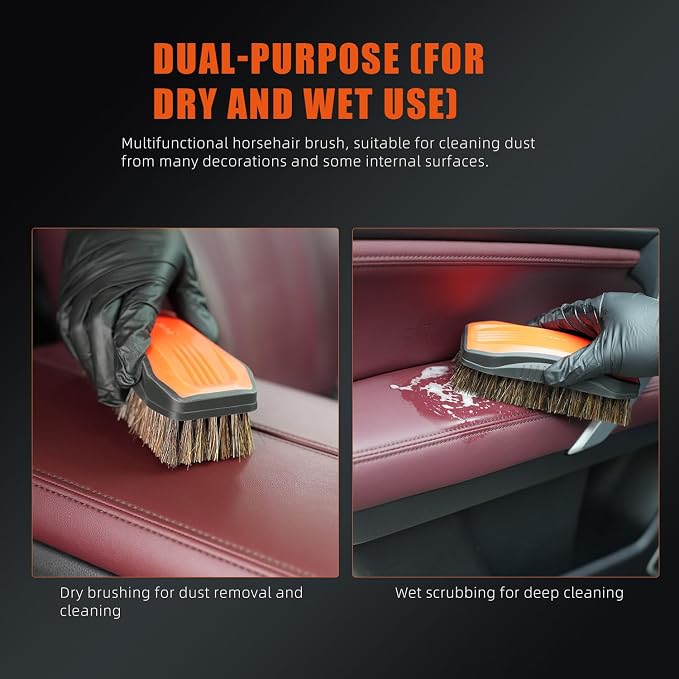 Leather Cleaner Brush, SPTA 2Pcs Fine Long Bristle Horse Hair Brush for Car Detailing,Ideal for Car Interiors,Furniture, Sneakers, Boots,and More -Safe for Natural, Synthetic, Faux, and Pleather