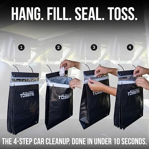 Tossits Recycled Disposable Car Trash Bags – Leakproof, Smell Proof Hanging Garbage Bags for Car, Truck, SUV, RV & Vehicle – Black, 42 Count Disposable Automotive Trash Bags