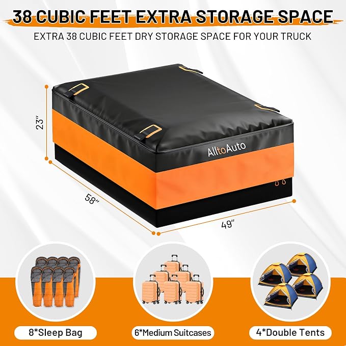 [Jumbo 38 CuFt] Truck Bed Cargo Bag, 100% Waterproof Heavy Duty Pickup Storage Bag (58"x49"x23"), Heat-Welded Seams & 3-Side Zipper, Fits Full-Size Trucks for Moving & Camping
