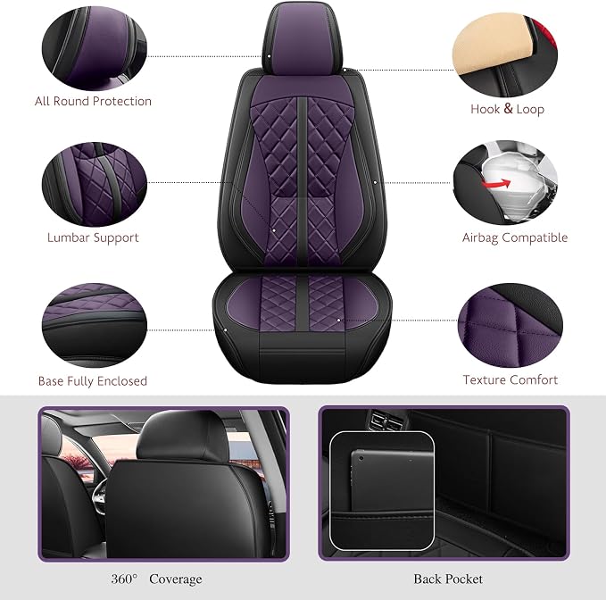 otoez Car Seat Covers Full Set, Universal Leather Seat Cover 5 Seat Waterproof & Breathable Automotive Seat Protector Full Coverage for Cars Sedens, Trucks, SUVs, Vans (Dark Purple)