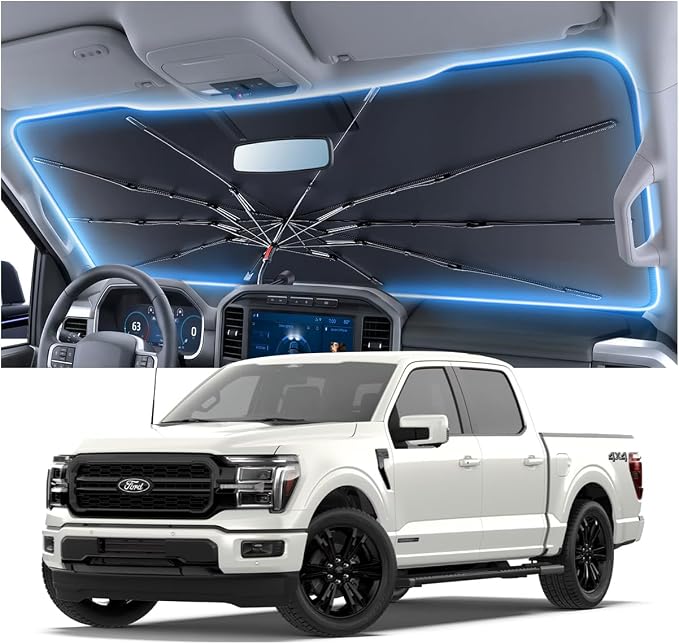 Car Windshield Sun Shade Umbrella for Ford F150 2000~2026(Ice Crystal + Fabric + Black Film), Keeps Car Cool, Foldable Sunshade with Soft Edge, Easy Storage with Bag
