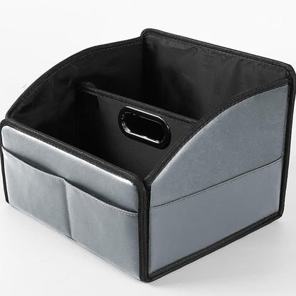 Car Storage Organizer [2025 UPDATED] Leather Car Caddy Basket for Front Seat Floor Back Seats Metal Handle 6 Compartments Adjustable Strap Buckles Slip-Resistant (Gray)