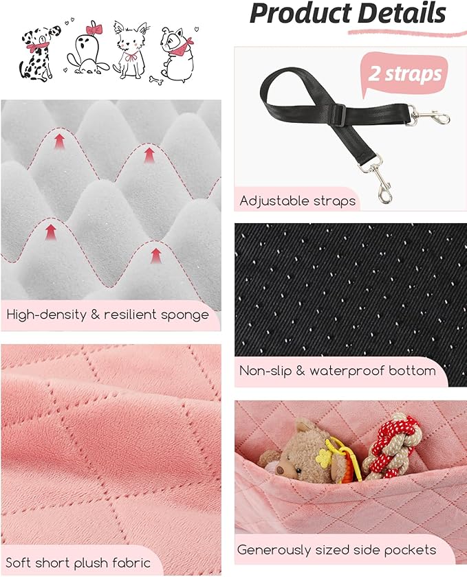 Lealchum Dog Booster Car Seat for Small/Medium Dogs,Soft Puppy Portable Car Seat with Elevated Cushion,Fits in Front/Back Seat,Fully Detachable and Washable,Easy to Install (Pink, Medium)