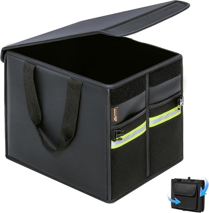 Coverado Trunk Organizer for Car- Nappa Leather Trunk Organizer for SUV with Lid, 30L Multi Collapsible Car Storage Organizer Foldable, Multi Compartments with 2 Straps for SUV/Truck