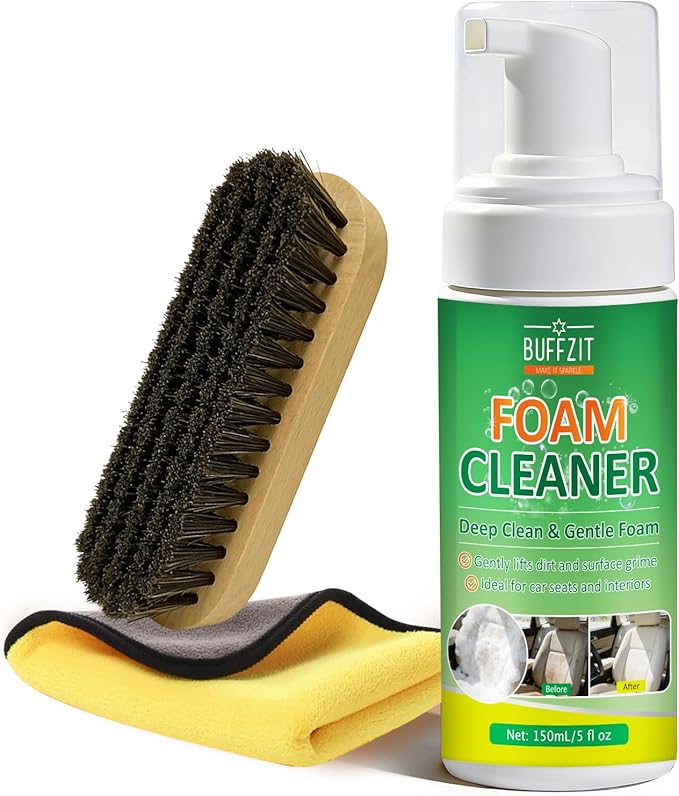 Car Interior Foam Cleaner Kit, Multifunctional Auto Detailing Cleaner with Brush & Towel, Deep Clean Car Seats, Carpet, Upholstery & Dashboard, Safe for Leather, Fabric, Vinyl & Plastic, 5oz