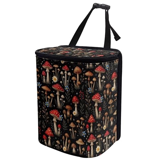 Vibrant Mushroom Floral Pattern Car Trash Can with Lid and Zipper Portable Foldable Trash Bin for Car Interior Accessories Multipurpose Garbage Can Bags Storage Organizer