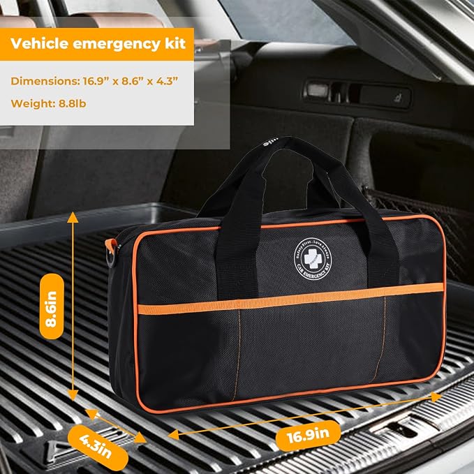All-in-One Car Emergency Kit with Digital Tire Inflator, Jumper Cable, Tow Strap, Reflective Triangle, First Aid Kit, Hand Crank Flashlight, and Repair Tools for Roadside Safety (Black)