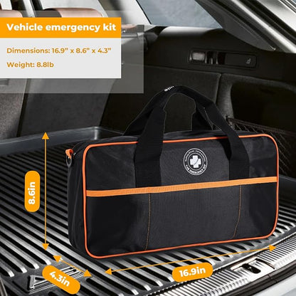 All-in-One Car Emergency Kit with Digital Tire Inflator, Jumper Cable, Tow Strap, Reflective Triangle, First Aid Kit, Hand Crank Flashlight, and Repair Tools for Roadside Safety (Black)