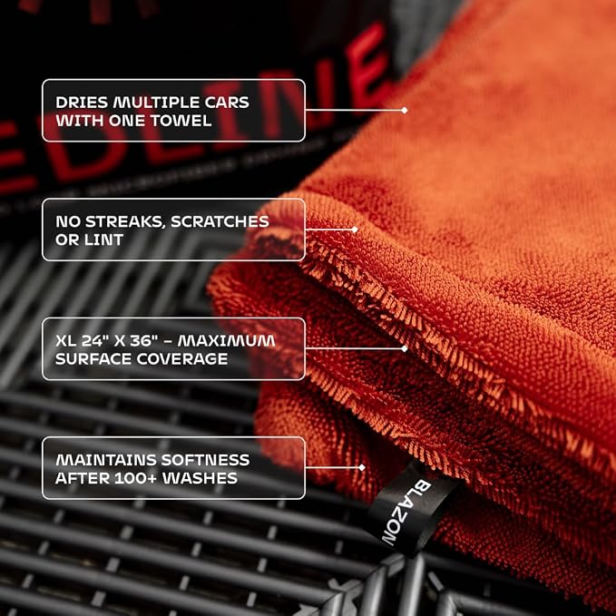 BLAZON Redline XL Car Drying Towel - Ultra Premium 1300 GSM Microfiber Drying Towel - Max Absorption, Streak-Free Finish, Super Soft Twisted Loop Design - Dries Full Vehicle - Extra Large 2 x 3 ft