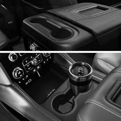 Muslogy Front Center Console Organizer & Cup Holder Inserts Compatible with 2021-2024 GMC Yukon Chevy Tahoe Suburban Accessories Front & Rear Silicone Drink Holder 2PCS & Middle Console Removable Lid