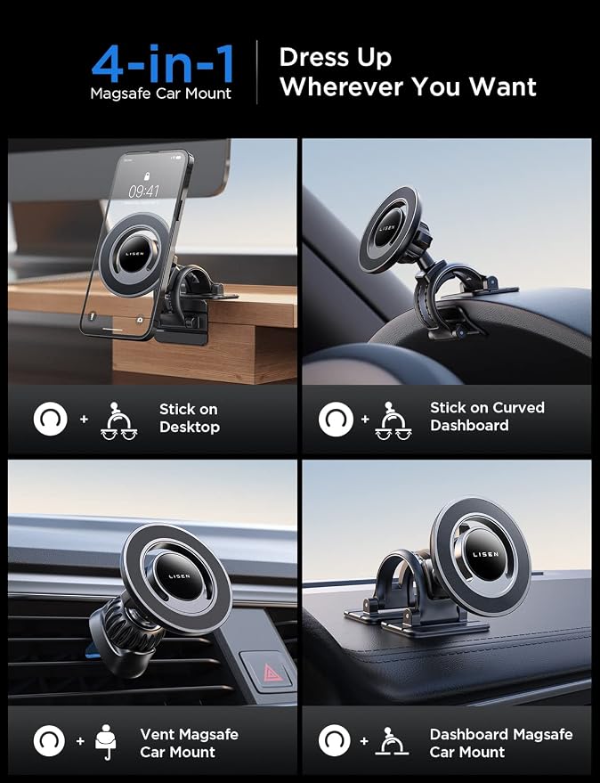 LISEN for MagSafe Car Mount [Strong Magnets] Magnetic Phone Holder for Car Hands Free Cell Phone Mount Cradle Vent & Dashboard Car Accessories for Women Men fit iPhone 17 16 15 14 13 12, Black | 2-in-1 Vent & Dashboard Car Phone Mount 22*N55 Strong Mag...
