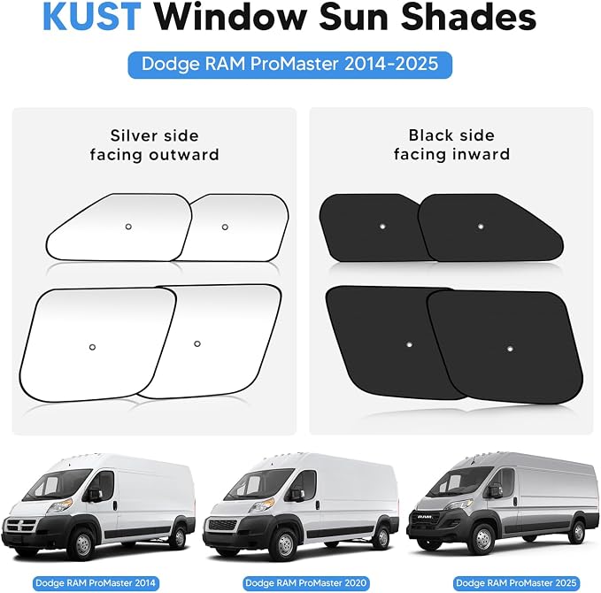 KUST 4-Pack Side Window Sun Shade for 2014-2025 Dodge RAM ProMaster 1500 2500 3500, Interior Accessories Cargo Van Sunshade Full Coverage Window Shades Silver & Black, Sun Shield Blocks UV Rays Heat