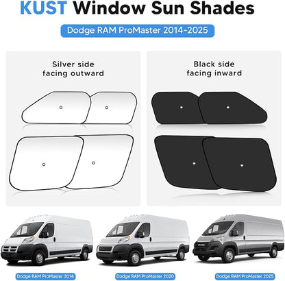 KUST 4-Pack Side Window Sun Shade for 2014-2025 Dodge RAM ProMaster 1500 2500 3500, Interior Accessories Cargo Van Sunshade Full Coverage Window Shades Silver & Black, Sun Shield Blocks UV Rays Heat