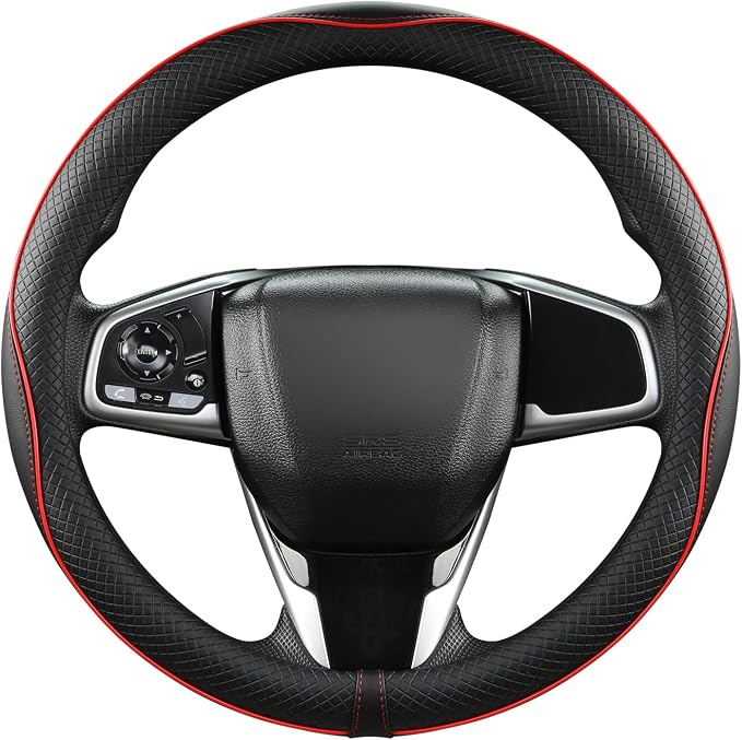 West Llama Microfiber Leather Car Steering Wheel Cover for Honda Accord Civic CR-V HR-V Pilot Fit Passport Odyssey,Sport Style,14.5-15 inch (Black+Red Line-Standrad Size)