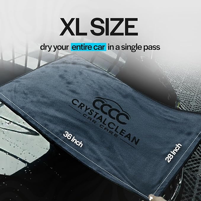 Crystal Clean XL (28x36) Car Drying Towel - 70/30 Korean Blend Car Towel with Double Twisted Loop, Professional Detailing Towel for Car Detailers - Quick Dry, Paint Safe & Swirl-Free