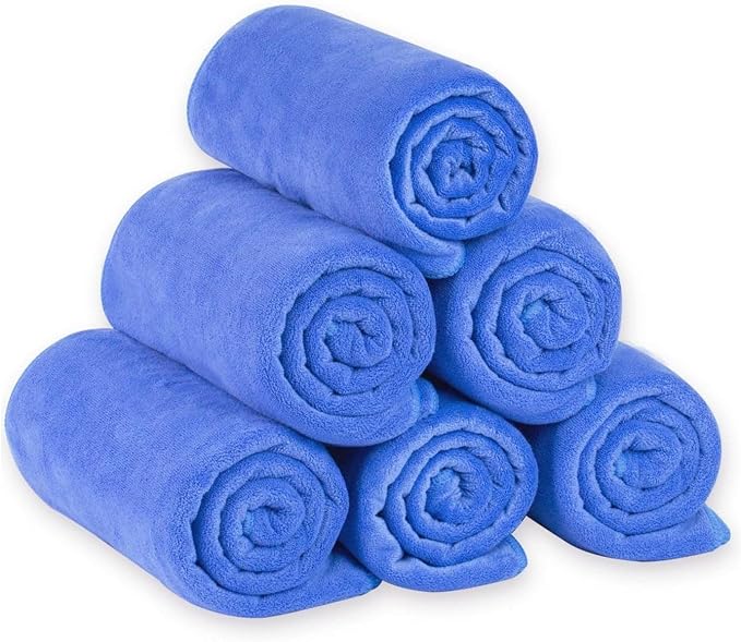 JML Microfiber Bath Towels Set with Hanging Loop, Blue, 27" x 55", 6 Pack | Large, Absorbent, Soft, Fast Drying, Lint free, Fade Resistant, Multipurpose for Adult, Beach, Pool, Sport, Yoga
