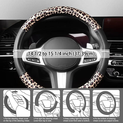AUTOYOUTH Leopard Steering Wheel Cover - Bling Crystal Rhinestones Cheetah Print on Leather Non-Slip Breathable Design for Women/Girls Universal Fit 14.5-15 Inch(Black & Yellow)