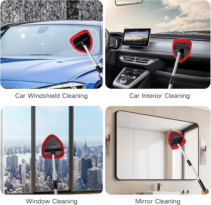 Qydipclin 7pcs Windshield Cleaner Tool Car Window Cleaning Wash Kit with 4 Reusable Microfiber Pads 1 Spray Bottle and Extendable Handle Auto Glass Wiper Kit, Red